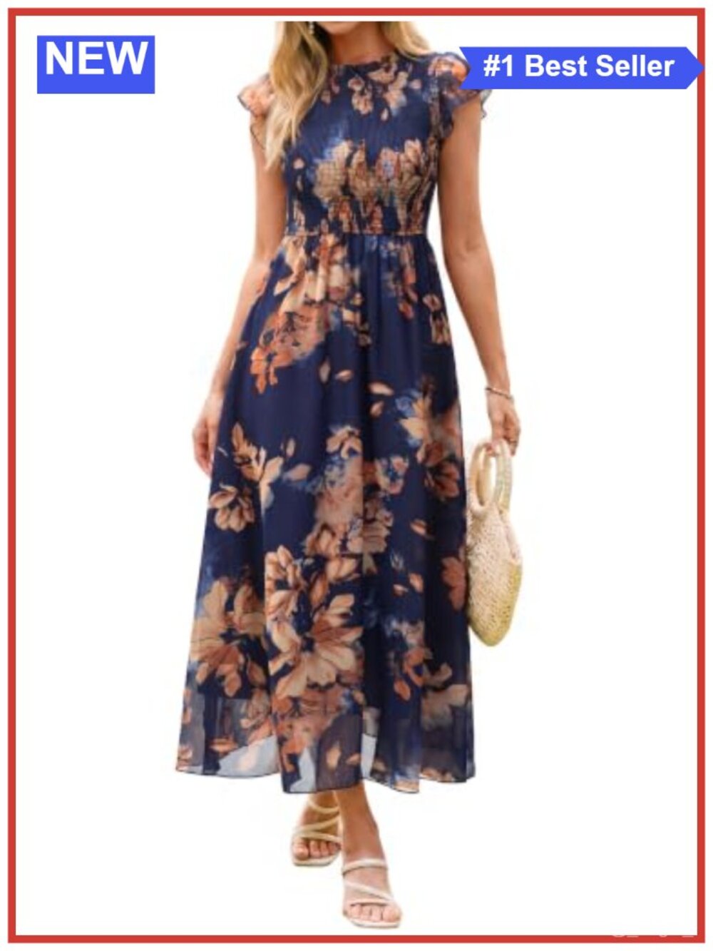 Boho Floral Chiffon Maxi Dress Ruffle Sleeve Smocked Waist Wedding Guest
